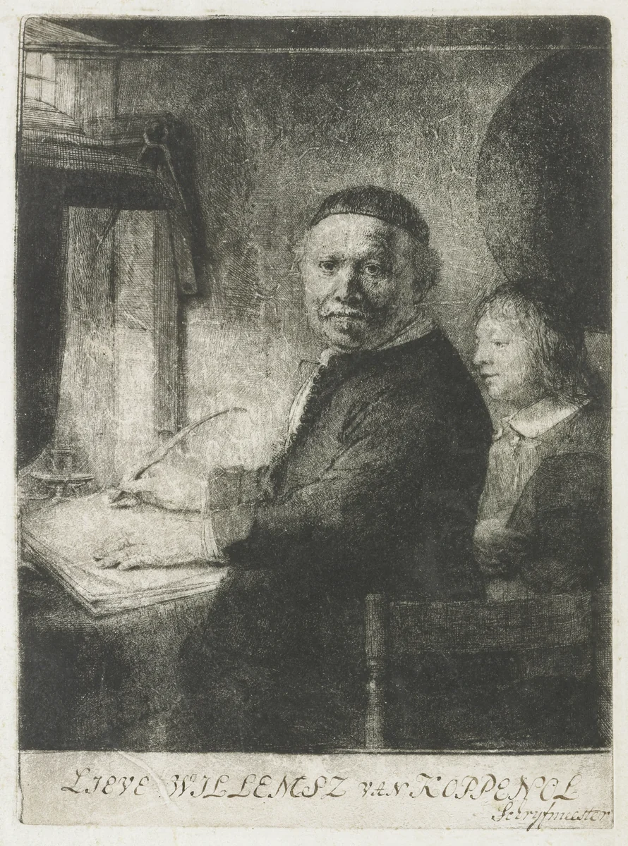 Lieven Willemsz. van Coppenol, writing master: the smaller plate by Rembrandt van Rijn, print, 1658
