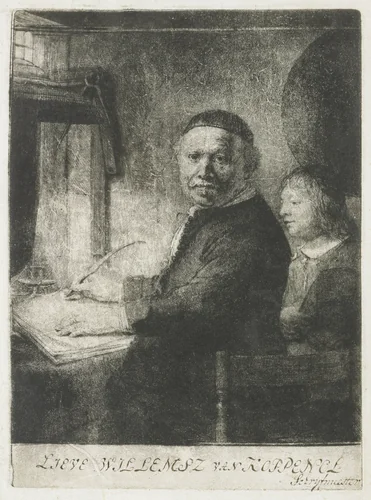Lieven Willemsz. van Coppenol, writing master: the smaller plate by Rembrandt van Rijn, print, 1658