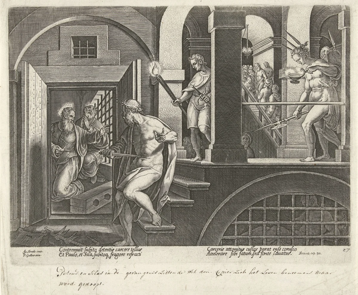 Bekering van de gevangenenbewaarder van Filippi by Philips Galle, print, 1582