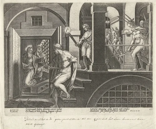 Bekering van de gevangenenbewaarder van Filippi by Philips Galle, print, 1582