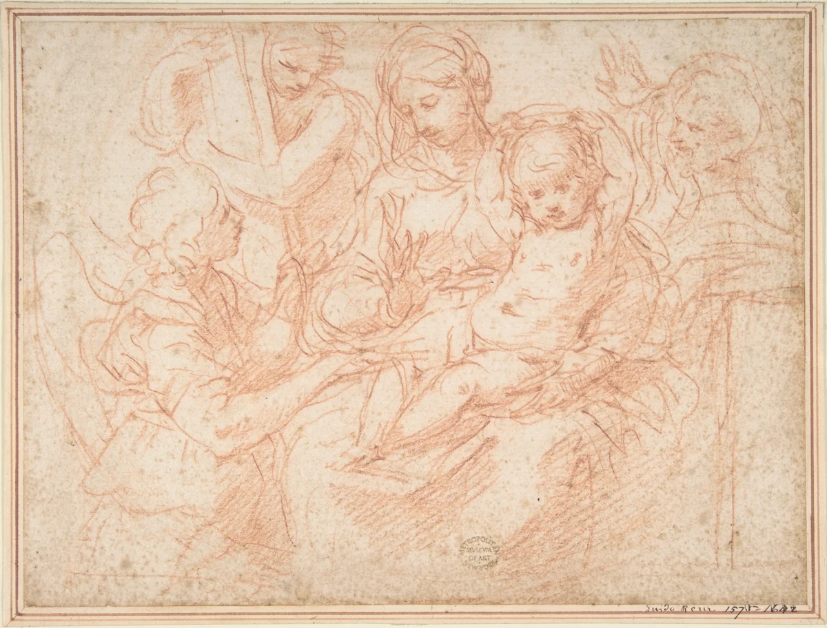 The Holy Family with Angels Bearing Symbols of the Passion by Simone Cantarini, drawing, 1612-1648