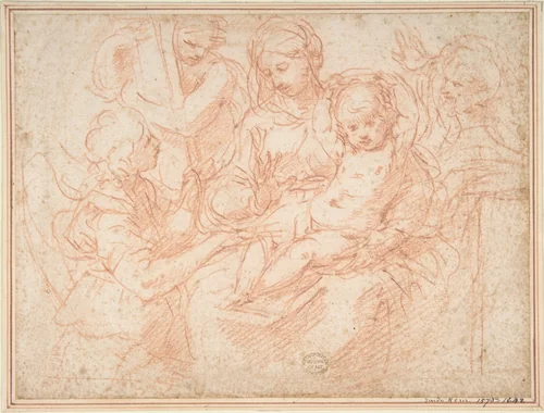 The Holy Family with Angels Bearing Symbols of the Passion by Simone Cantarini, drawing, 1612-1648