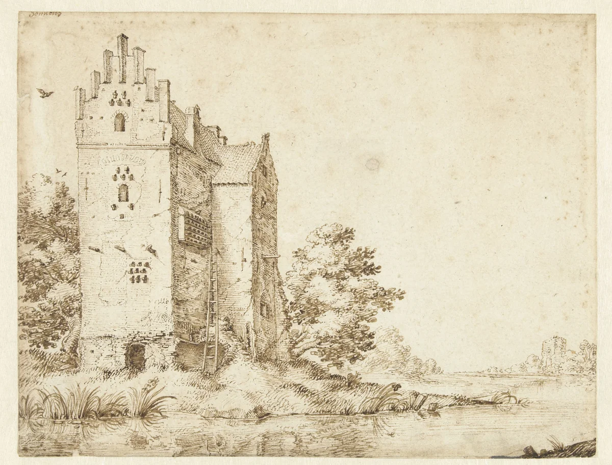 Kasteel aan de oever van een rivier by Unknown, drawing, 1583-1650