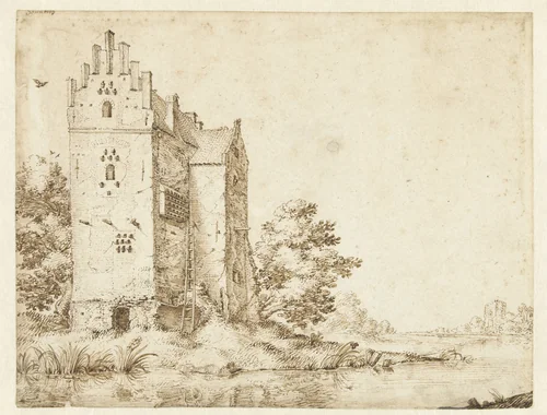 Kasteel aan de oever van een rivier by Unknown, drawing, 1583-1650