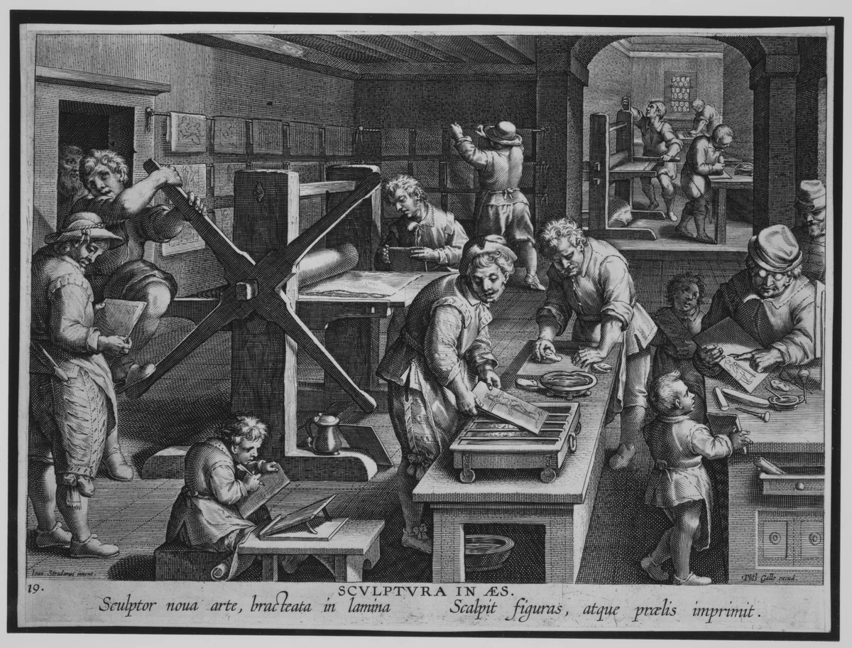The Workshop of an Engraver [Sculptura in Aes], plate 19 from Nova Reperta by Jan van der Straet, print, 1595-1605