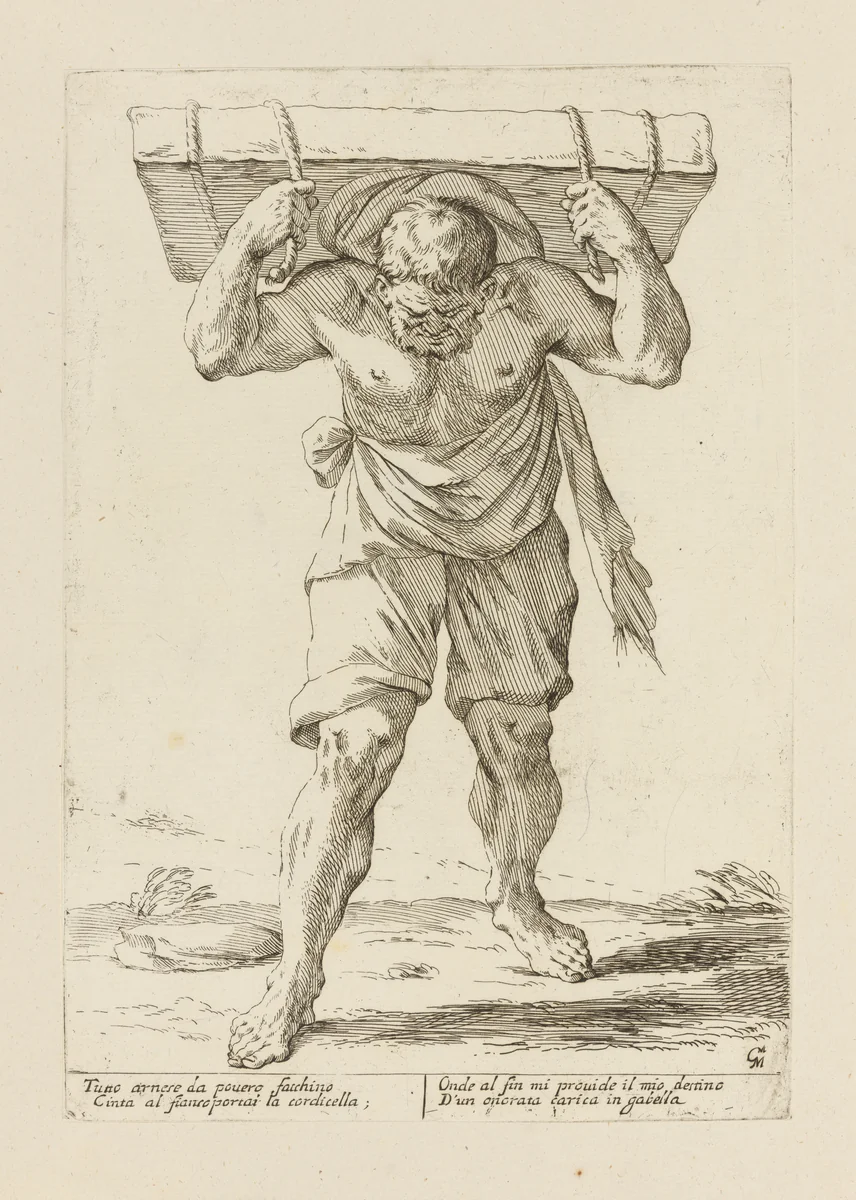 Porter, from Di Bologna l'Arti per via D'An.ibal' Ca.rac, plate 18 by Giuseppe Maria Mitelli, print, 1660
