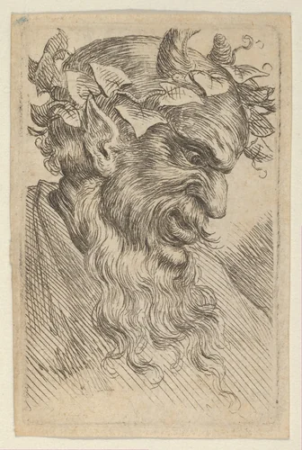 Satyr Mask with a Crown of Ivy, Facing Right, from "Divers Masques" by François Chauveau, print, 1630-1650