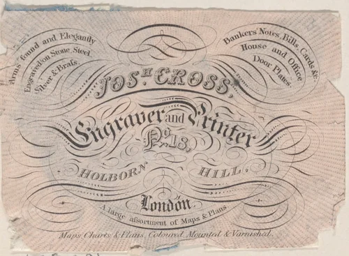 Trade Card for Josh Cross, Engraver & Printer by anonymous, print, 1800-1900