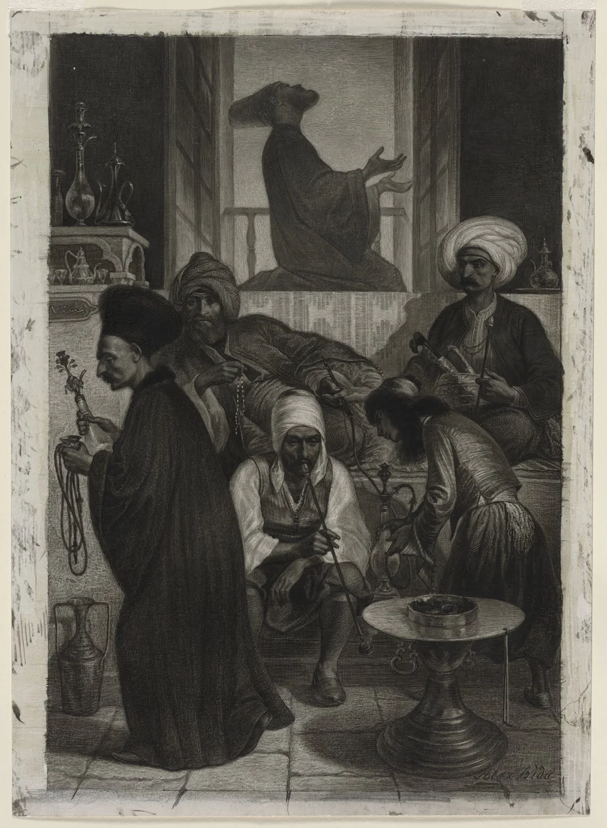 Café in Constantinople by Alexandre Bida, drawing, 1847