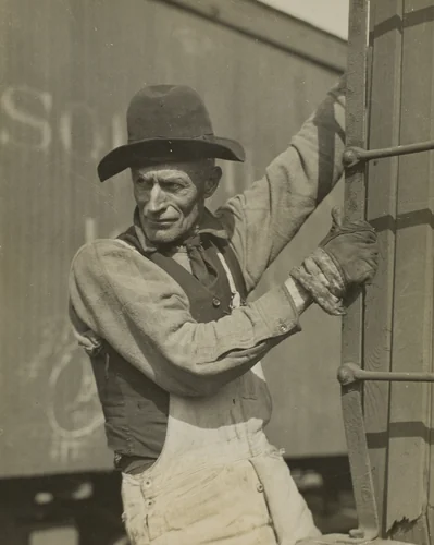Old Fashioned Brakeman on Freight Train by Lewis Wickes Hine, photograph, 1930-1931