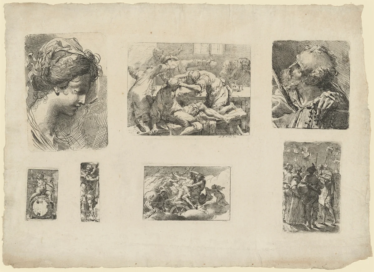 Sheet with Seven Etchings by Gaetano Gandolfi, print, 1770-1780
