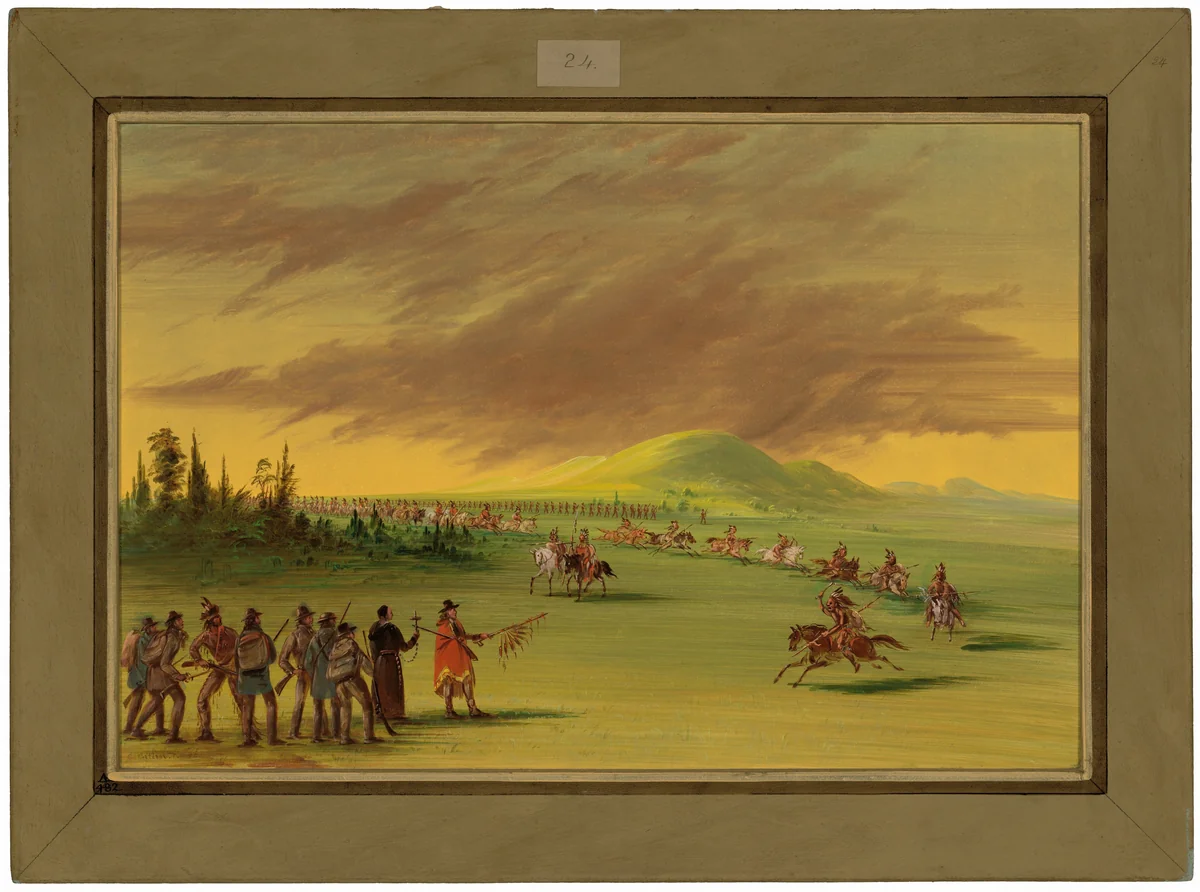 La Salle Meets a War Party of Cenis Indians on a Texas Prairie. April 25, 1686 by George Catlin, painting, 1847-1848