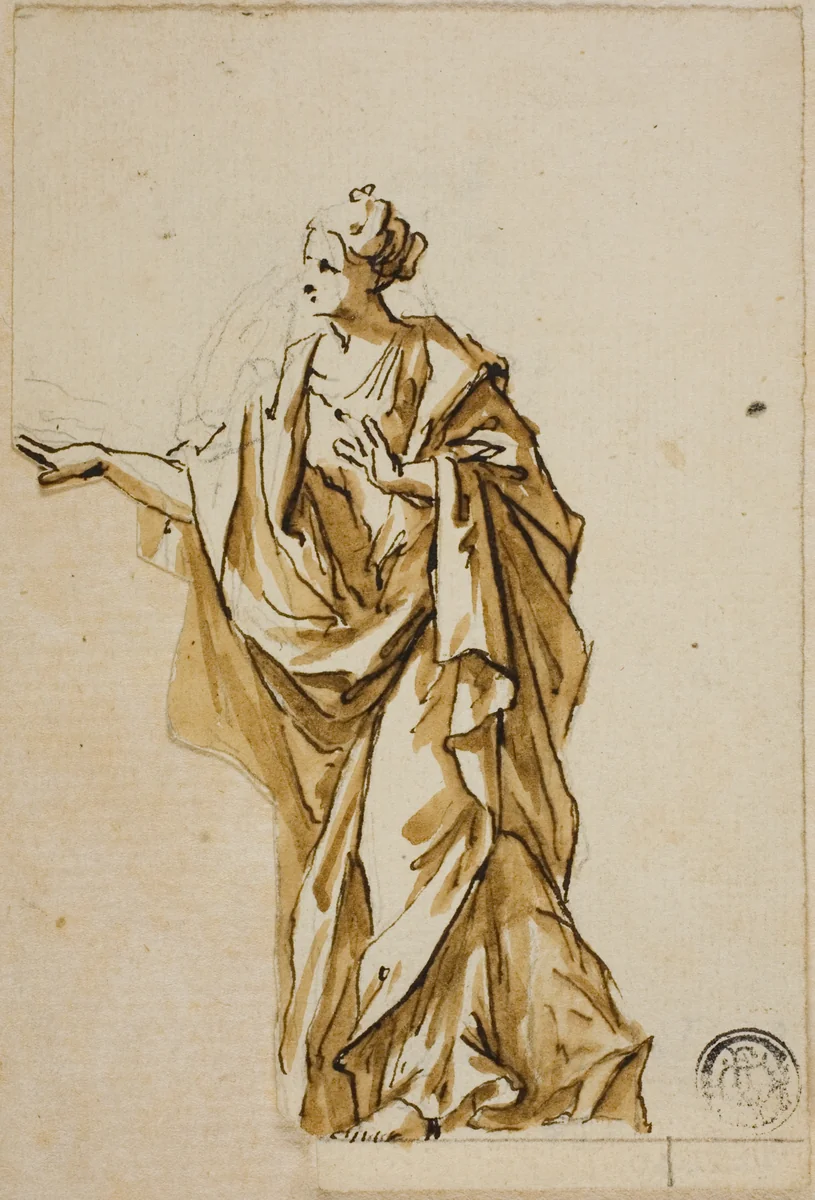 Standing Female Figure Pointing to Left by John Michael Rysbrack, drawing, 1713-1770