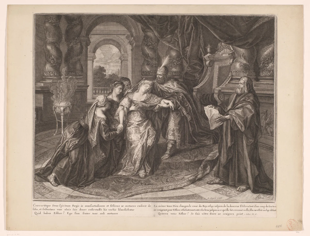 Ester valt flauw voor koning Ahasveros by anonymous, print, 1704