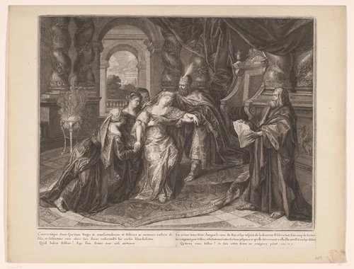 Ester valt flauw voor koning Ahasveros by anonymous, print, 1704