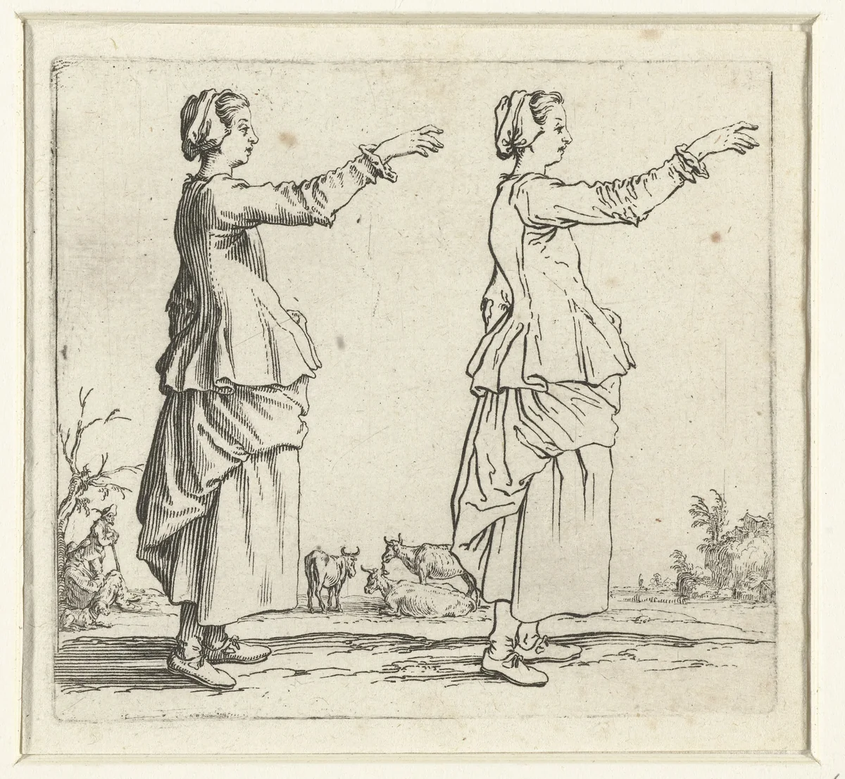 Tweemaal dezelfde boerin met opgeheven arm, op de rechterzijde gezien by Jacques Callot, print, 1621-1624
