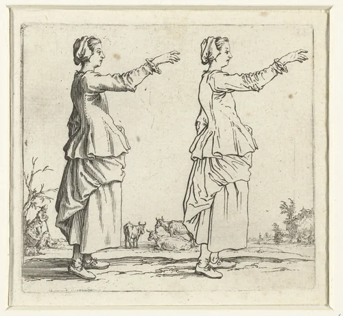 Tweemaal dezelfde boerin met opgeheven arm, op de rechterzijde gezien by Jacques Callot, print, 1621-1624