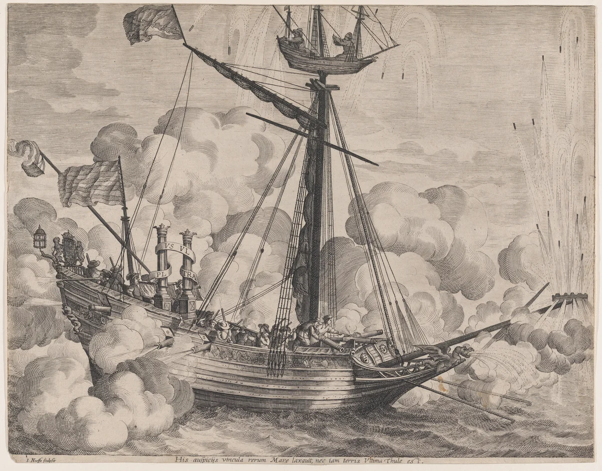 Plate 37: Triumphal ship with fireworks display to the right; from Guillielmus Becanus's 'Serenissimi Principis Ferdinandi, Hispaniarum Infantis...' by Jacob Neeffs, print, 1636