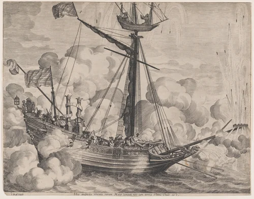Plate 37: Triumphal ship with fireworks display to the right; from Guillielmus Becanus's 'Serenissimi Principis Ferdinandi, Hispaniarum Infantis...' by Jacob Neeffs, print, 1636