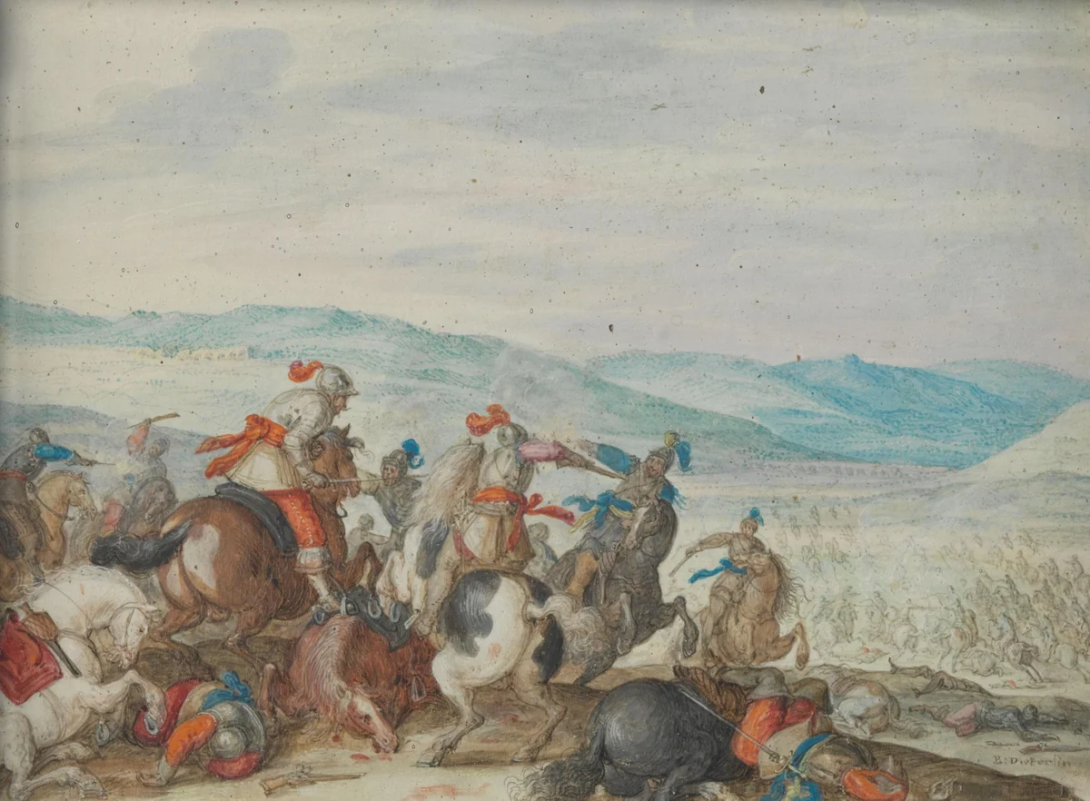 Cavalry Skirmish Mountainous Landscape by Bartholomäus Dietterlin, painting, 1636-1640