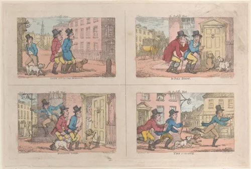 The Bailiff's Hunt: Going Out in the Morning, In Full Scent, Breaking Cover, and The Pursuit by Thomas Rowlandson, print, 1809