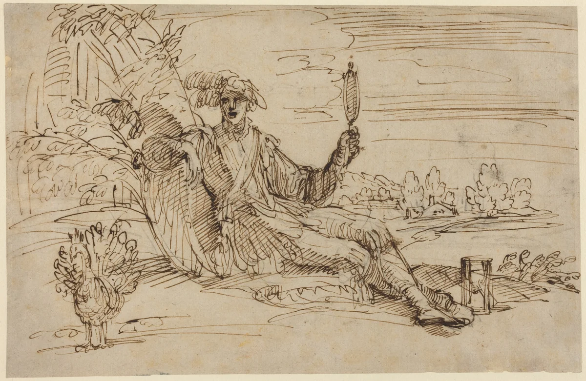 An Elegant Young Man Personifying Vanity by Francesco Brizio, drawing, 1575-1623