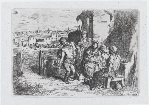 Plate 16: a group of people outdoors, including a man pouring wine or water from a vessel on his back, from the series of customs and pastimes of the Spanish people by Francisco Lameyer, print, 1850