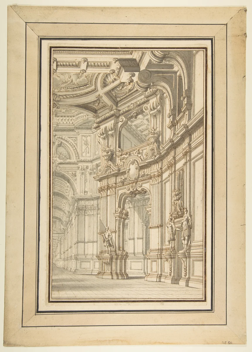 Design for a Stage Set, Showing Right Half Only by Prospero Zanichelli, drawing, 1698-1772
