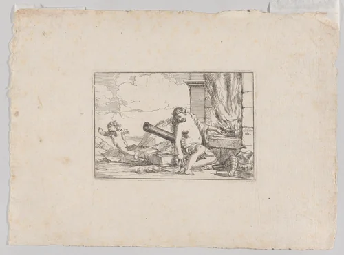 Fire, represented by Venus seated before Vulcan's forge, with armor, a cannon, and cannon balls surrounding her, she turns her head toward Cupid, who stretches his body away from her, from "The Elements" by Giulio Carpioni, print, 1640-1660