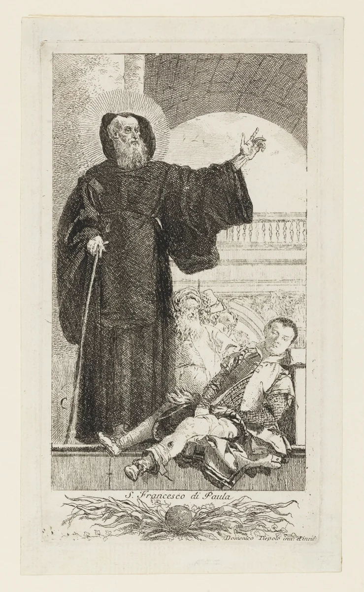 Saint Francis of Paolo miraculously healing a man possessed by Giovanni Domenico Tiepolo, print, 1745-1775