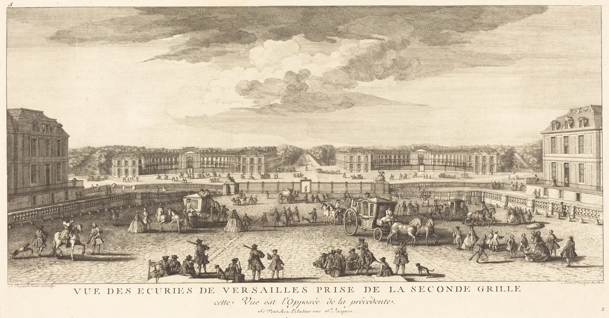 Vue des Ecuries de Versailles Prise de la Seconde Grille by Jean-Baptiste Rigaud, print, 1681-1812