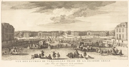 Vue des Ecuries de Versailles Prise de la Seconde Grille by Jean-Baptiste Rigaud, print, 1681-1812