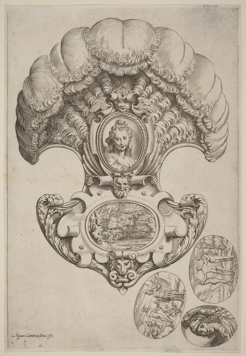 A Headpiece in the Form of a Fan by Agostino Carracci, print, 1589-1595