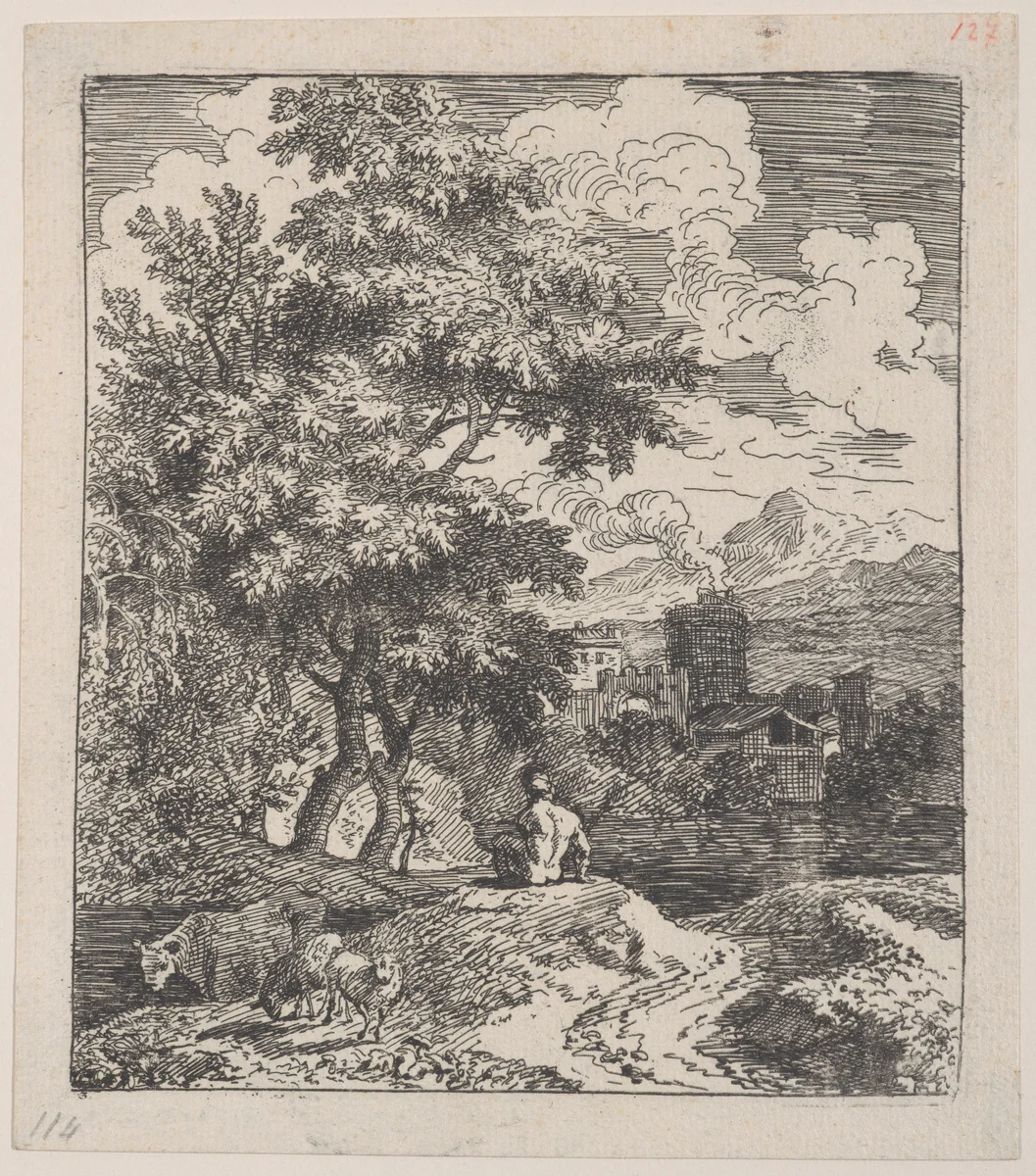 Plate 3: a shepherd seated on a hill, a cow and two sheep at left, and a town in right background, from 'Landscapes in the manner of Gaspar Dughet' by Franz Joachim Beich, print, 1695-1730