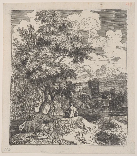 Plate 3: a shepherd seated on a hill, a cow and two sheep at left, and a town in right background, from 'Landscapes in the manner of Gaspar Dughet' by Franz Joachim Beich, print, 1695-1730