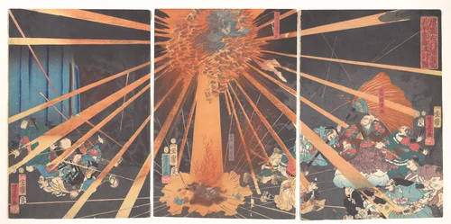 Kiyomori’s Visit to Nunobiki Waterfall: The Ghost of Yoshihira Taking Revenge on Nanba by Utagawa Yoshifusa, print, 1856
