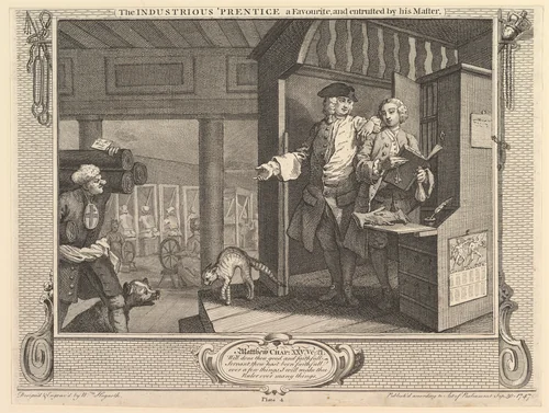The Industrious 'Prentice a Favorite, and Entrusted by his Master: Industry and Idleness, plate 4 by William Hogarth, print, 1747