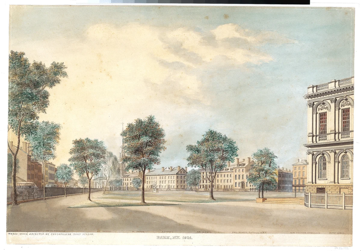City Hall Park, New York by Alexander Jackson Davis, drawing, 1826