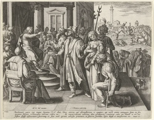 Susanna en de ouderlingen: het achtste Gebod by Unknown, print, 1585-1589
