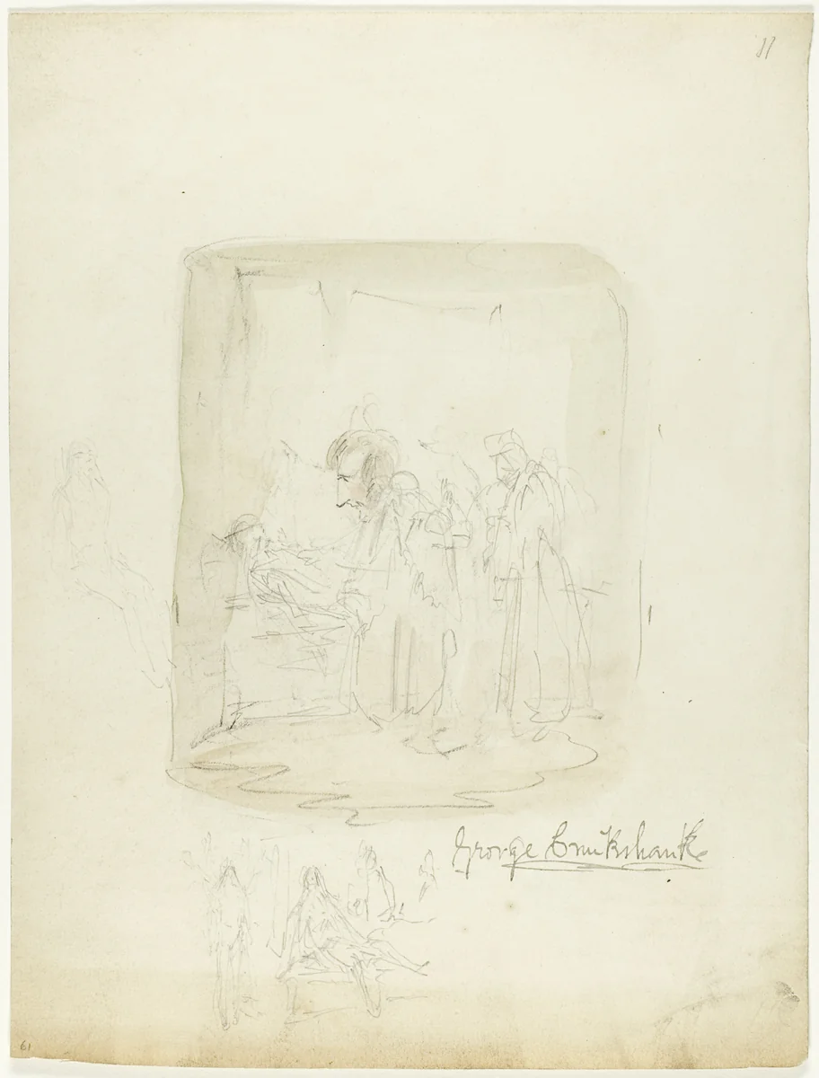 Sheet of Sketches with Self-Portrait by George Cruikshank, drawing, 1812-1878