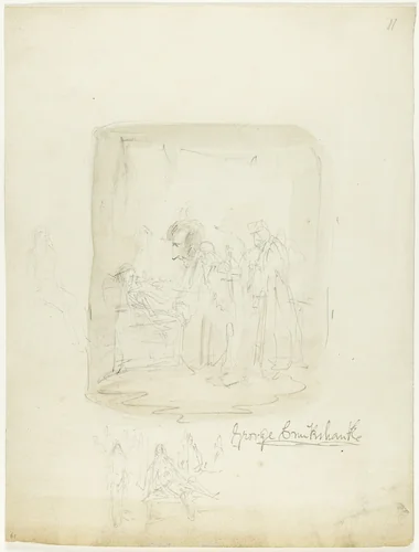 Sheet of Sketches with Self-Portrait by George Cruikshank, drawing, 1812-1878