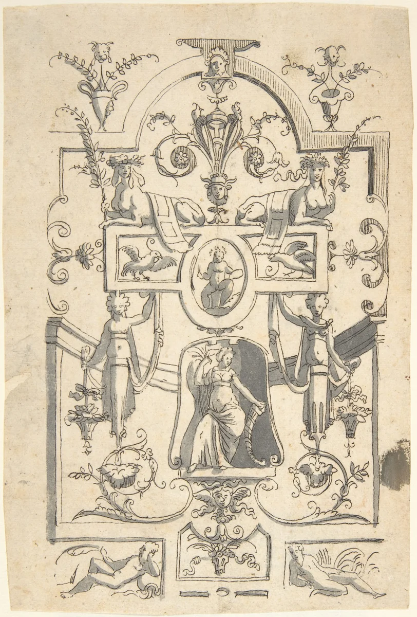 Candelabra Grotesque with a Female Figure in a Niche and Two Sphinxes by anonymous, drawing, 1540-1570