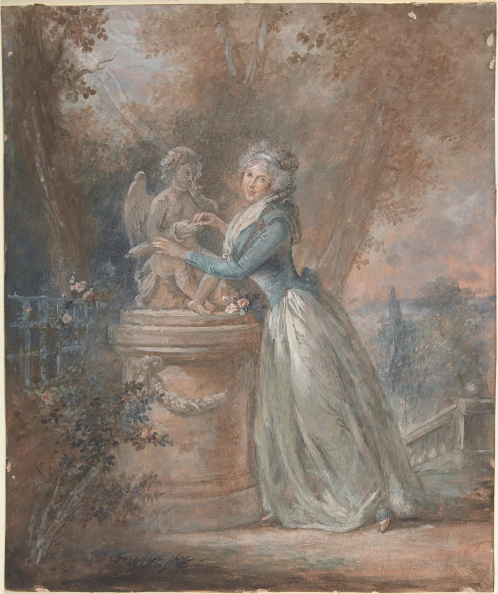 Lady in a garden by anonymous, drawing, 1700-1799