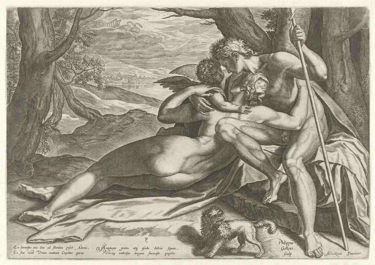 Venus en Adonis met Amor by Unknown, print, 1577-1581