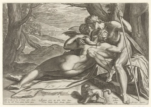 Venus en Adonis met Amor by Unknown, print, 1577-1581