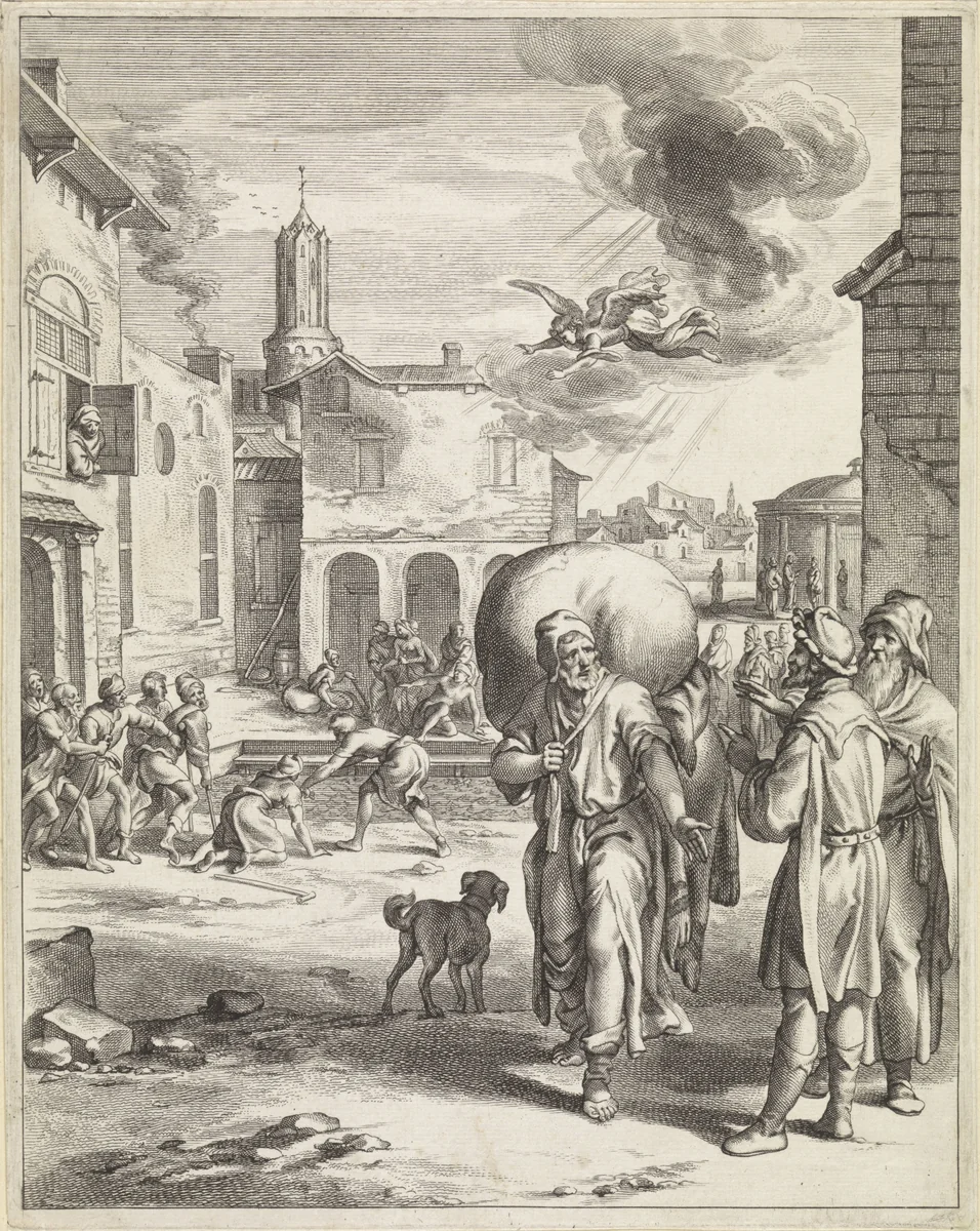 Christus geneest een man bij het bad van Betesda by Jan de Visscher, print, 1643-1692