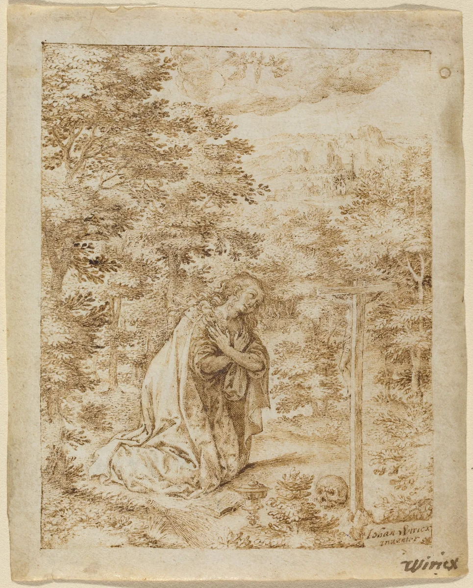 Mary Magdalene Praying in the Wilderness by Johan Wierix, drawing, 1549-1615