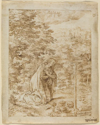 Mary Magdalene Praying in the Wilderness by Johan Wierix, drawing, 1549-1615