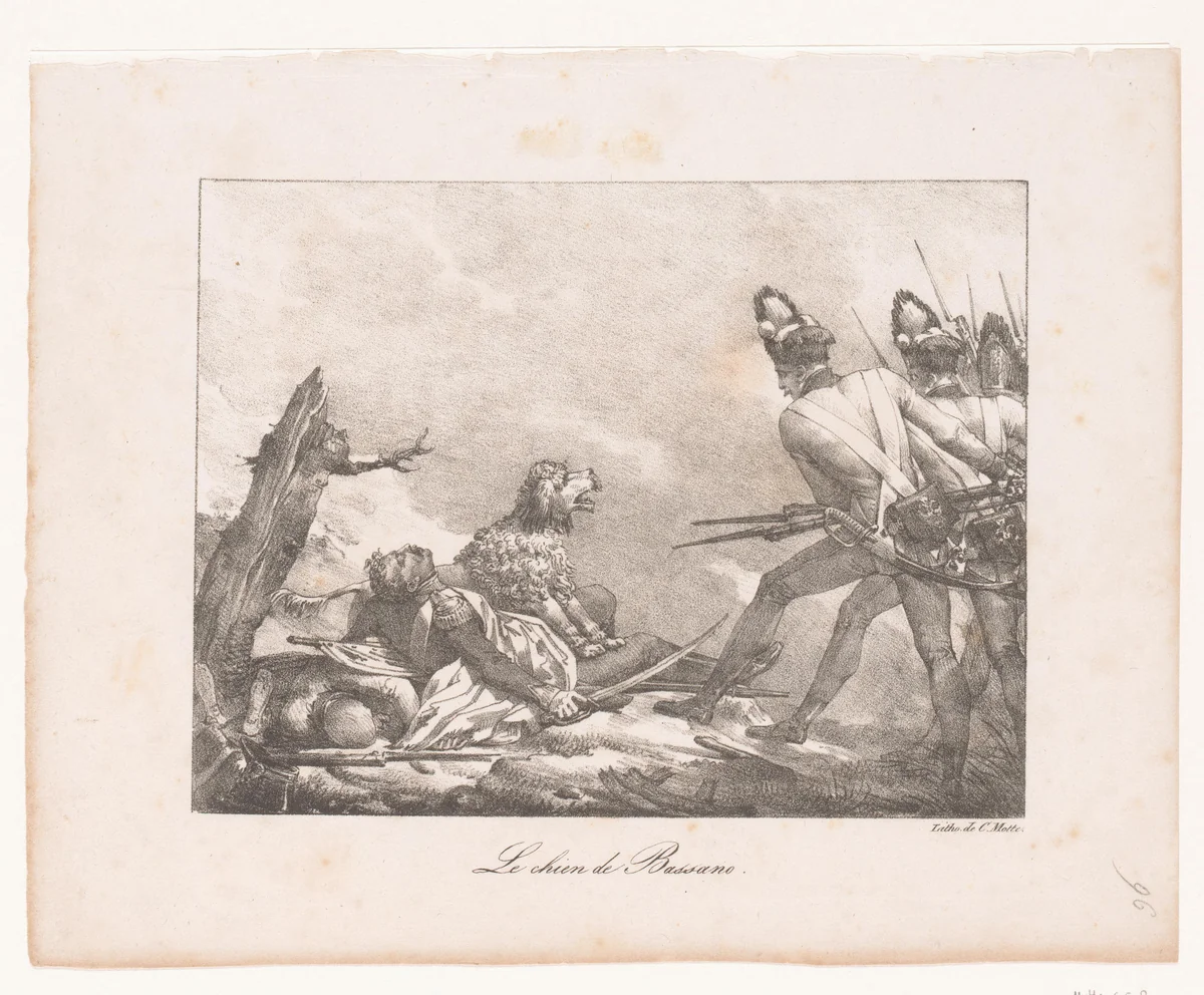 Soldaten richten op een hond tussen gesneuvelde soldaten tijdens de Slag van Bassano by anonymous, print, 1817-1837