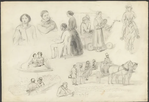 Schetsblad met mensen en gezelschappen by Karel Frederik Bombled, drawing, 1864-1902